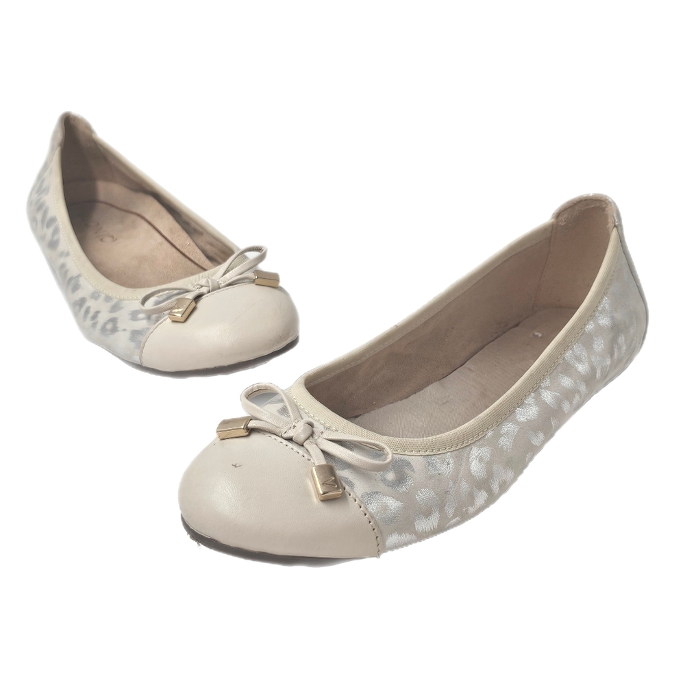 Vionic Minna Cap Toe Ballet Flats Cream Metallic Leopard Bow Detail Size 5